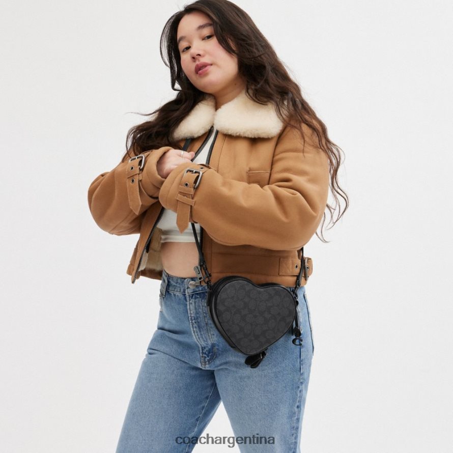 Coach mujer bandolera con forma de corazón en lona de firma mw/carbón/negro L82882205