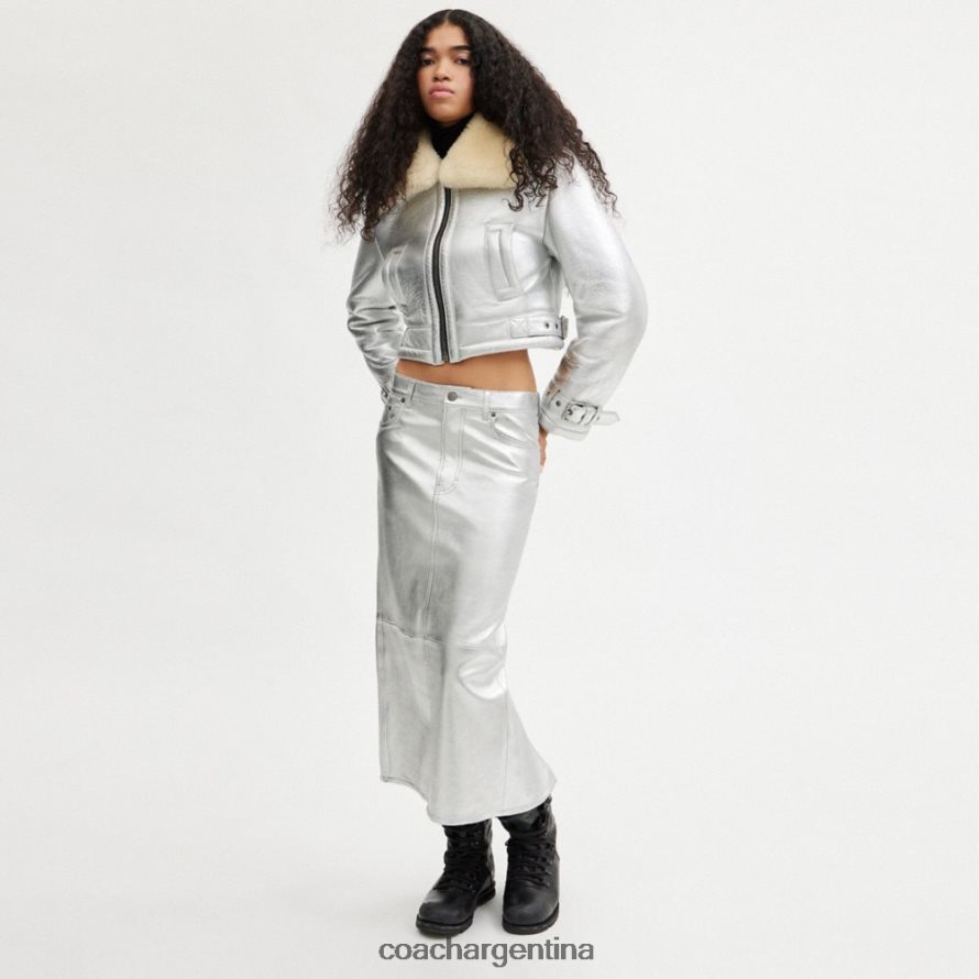 Coach mujer falda larga de cuero metalizado plata múltiple. L82882507