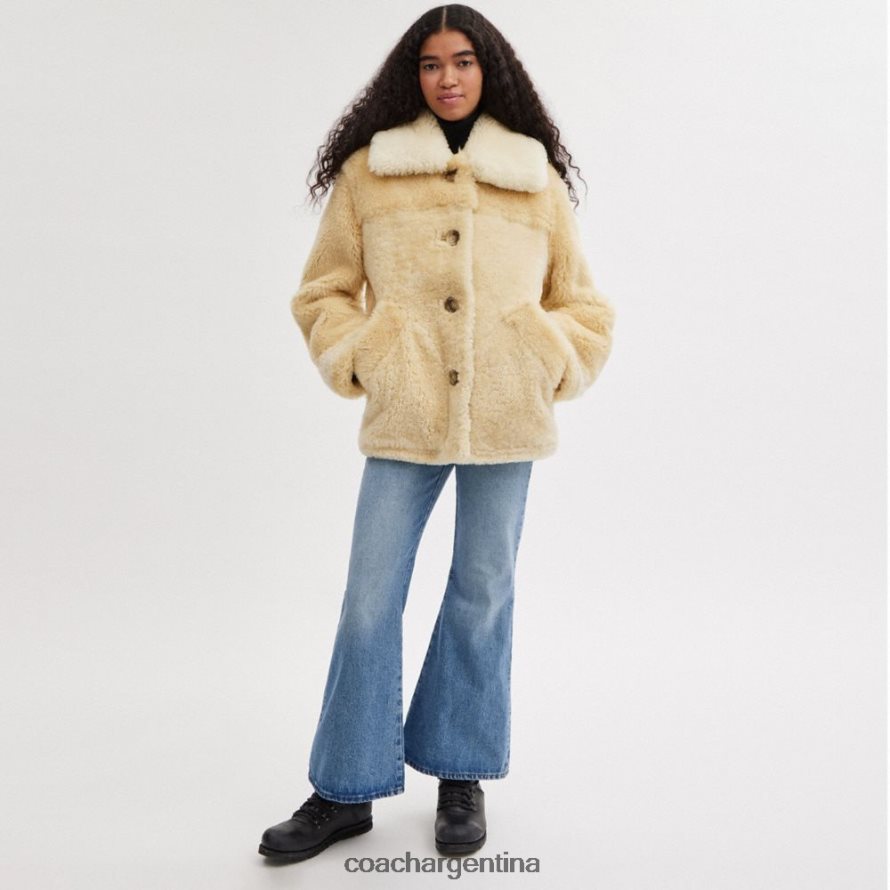 Coach mujer abrigo de piel de oveja con bloques de color marfil múltiple L82882442